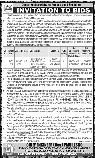 Lahore Electric Supply Company Tender Notice